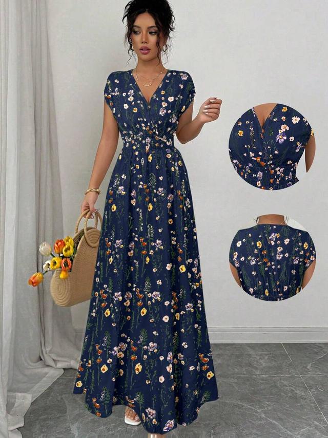 navy floral print v-neck maxi dress