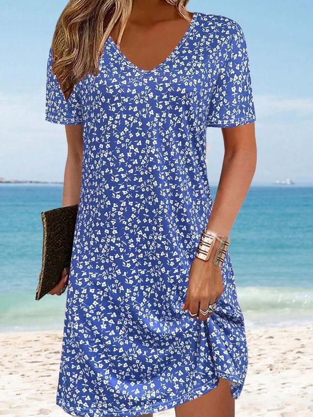 blue ditsy floral short sleeve casual summer dress