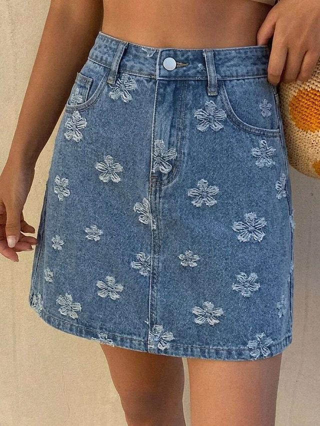 light blue floral jacquard denim mini skirt