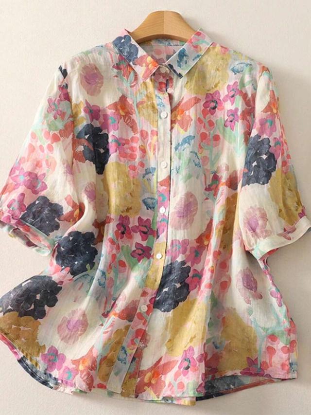 women's floral print loose short sleeve collared shirt