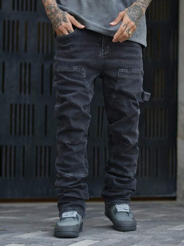 washed black and grey patchwork straight leg denim jeans