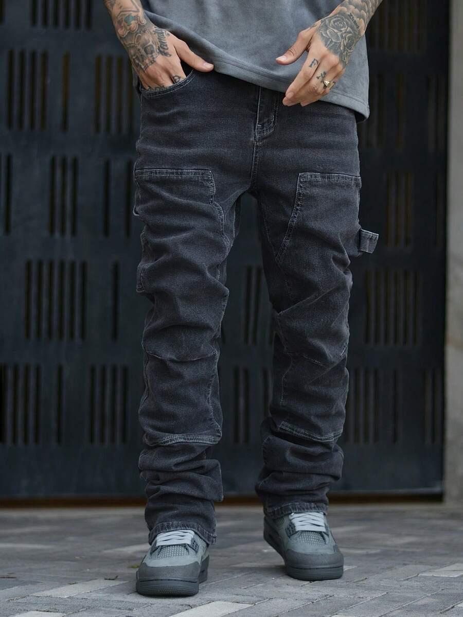 washed black and grey patchwork straight leg denim jeans
