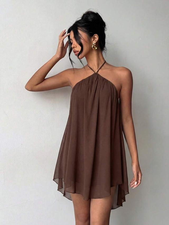 brown casual halter neck backless chiffon dress