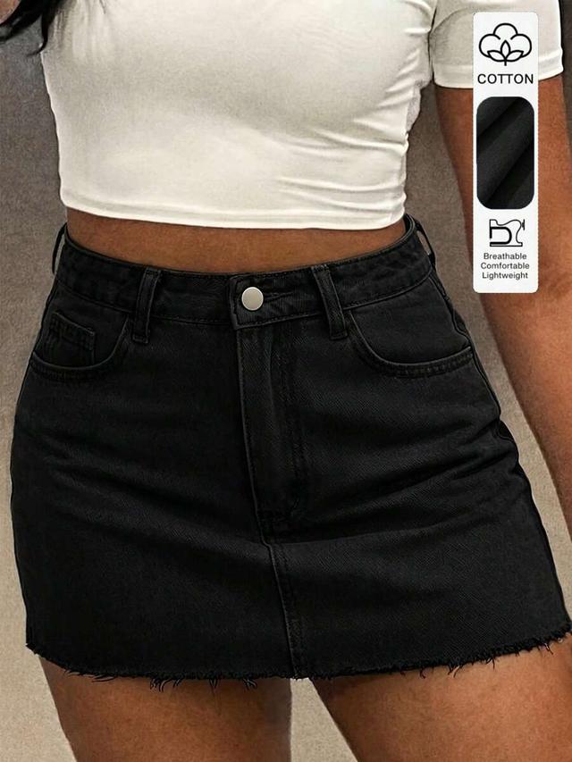 black denim mini skirt with raw hem