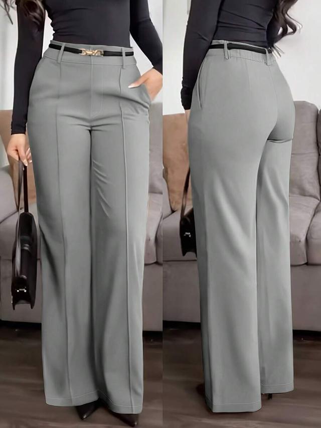 solid-color grey wide-leg trousers with side pockets