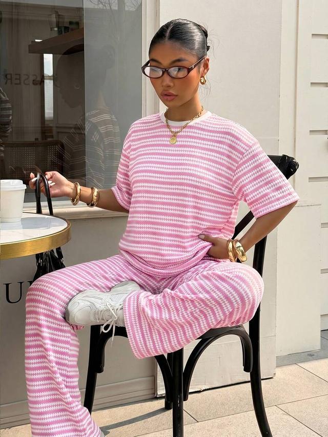 pink and white striped knit casual trousers