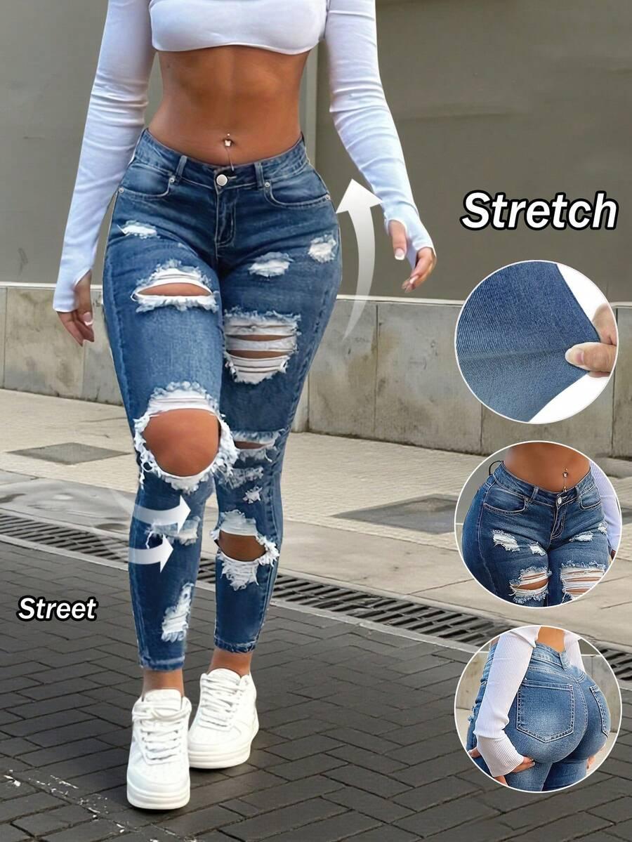 distressed blue denim skinny jeans