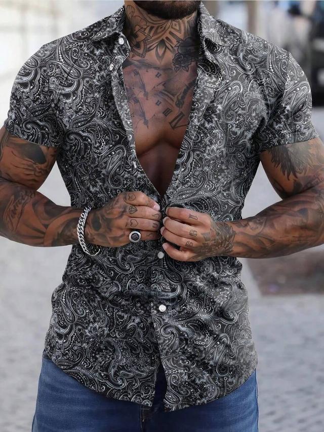 black and white paisley print short sleeve shirt