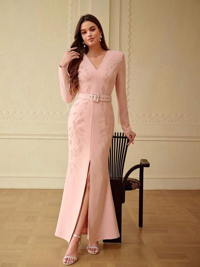 zeylah v-neck embroidered long sleeve dress with belt