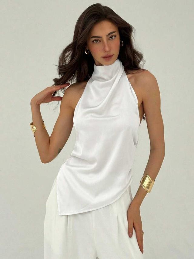 minimalist white satin high neck backless ruched top