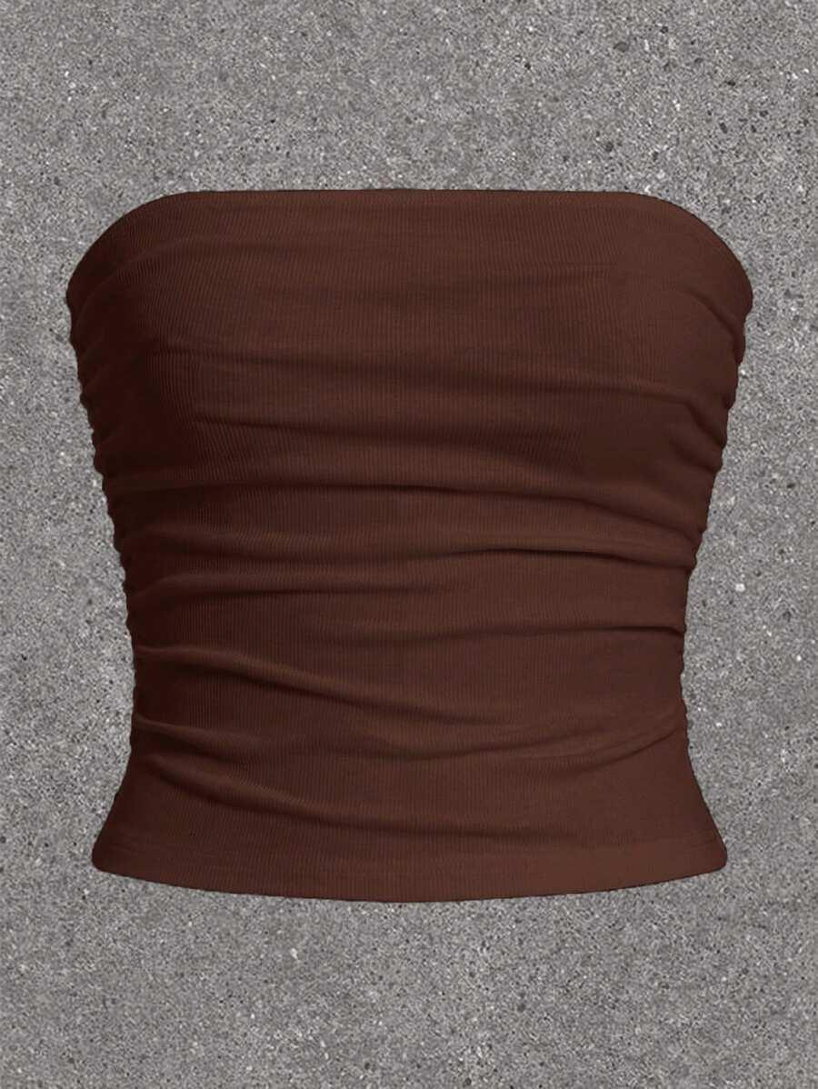 brown ribbed ruched side strapless tube top