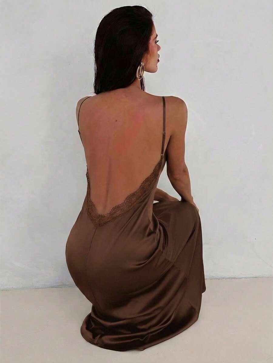 elegant solid brown backless lace patchwork spaghetti strap dress