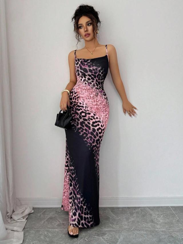 leopard print sleeveless halter waist fitted bodycon dress