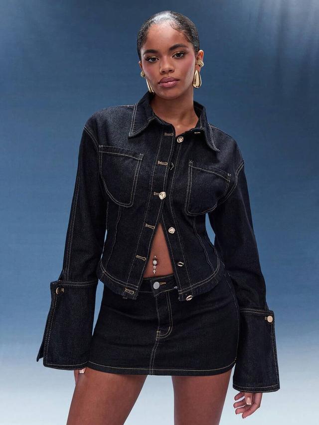 black denim collared jacket with exaggerated cuffs
