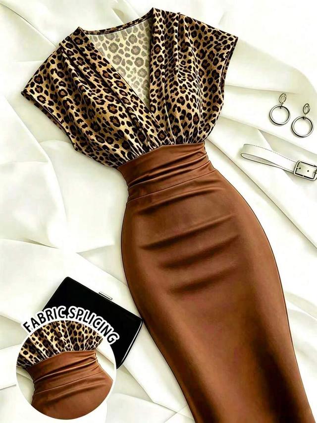 leopard print bodice and brown faux leather pencil dress