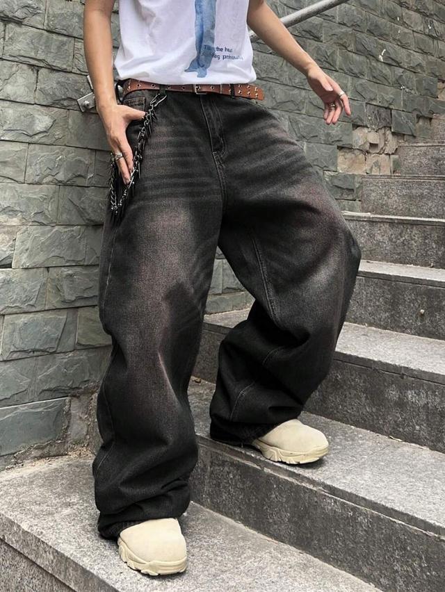 men's casual fashion distressed loose wide leg jeans