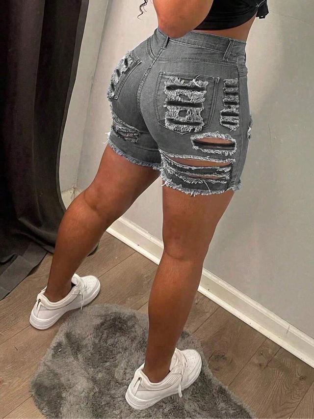 grey distressed denim skinny shorts with raw hem