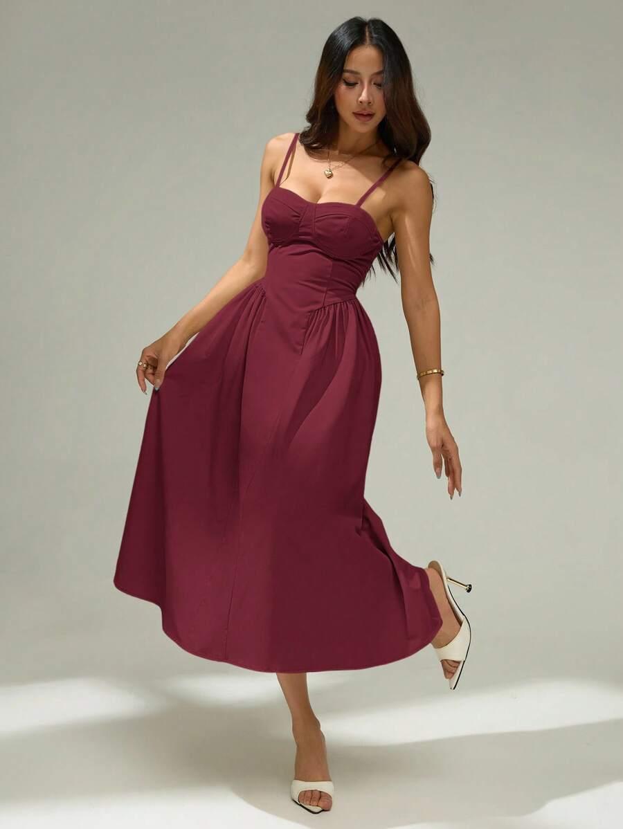 wine red midi dress with bustier bodice