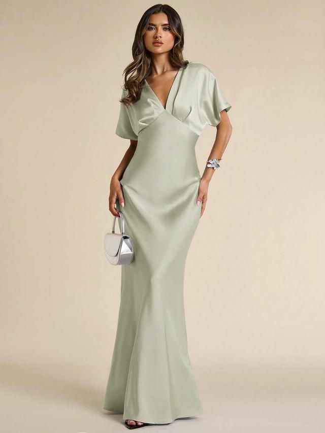 sage green satin deep v-neck mermaid dress