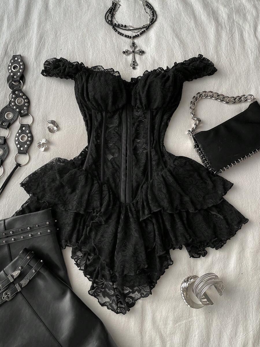 black lace off-shoulder corset dress with ruffled skirt