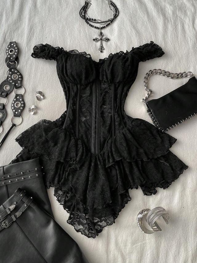 black lace off-shoulder corset dress with ruffled skirt