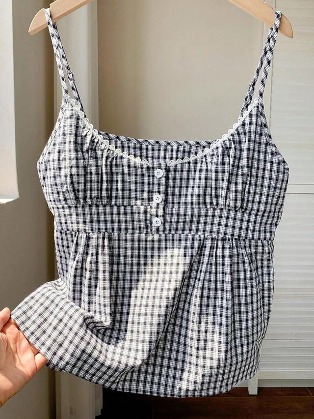 plaid cami top with button detail and flared hem