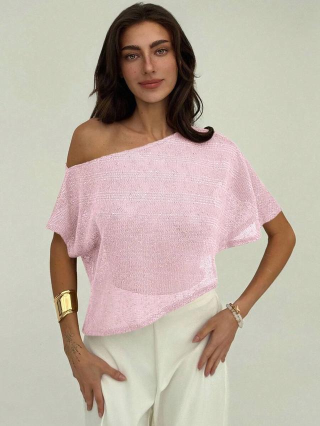 pink loose batwing short sleeve casual knit top