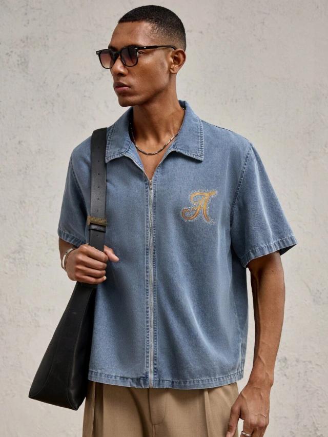 blue denim short sleeve zip up shirt with letter print