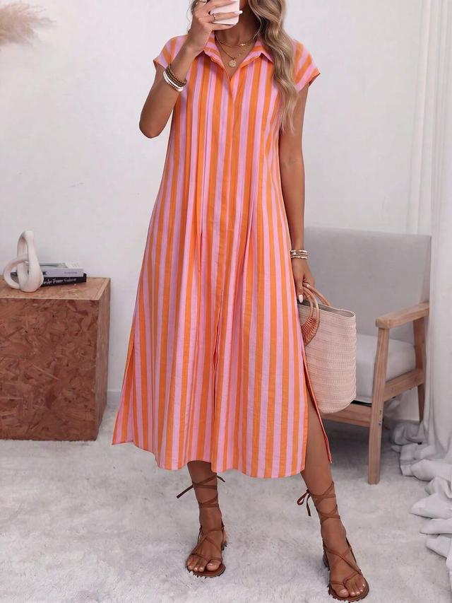 striped pink and orange midi shirt dress