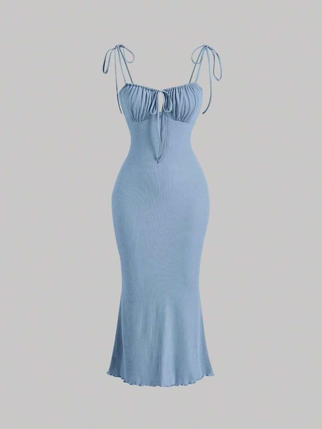light blue ribbed midi dress with tie straps
