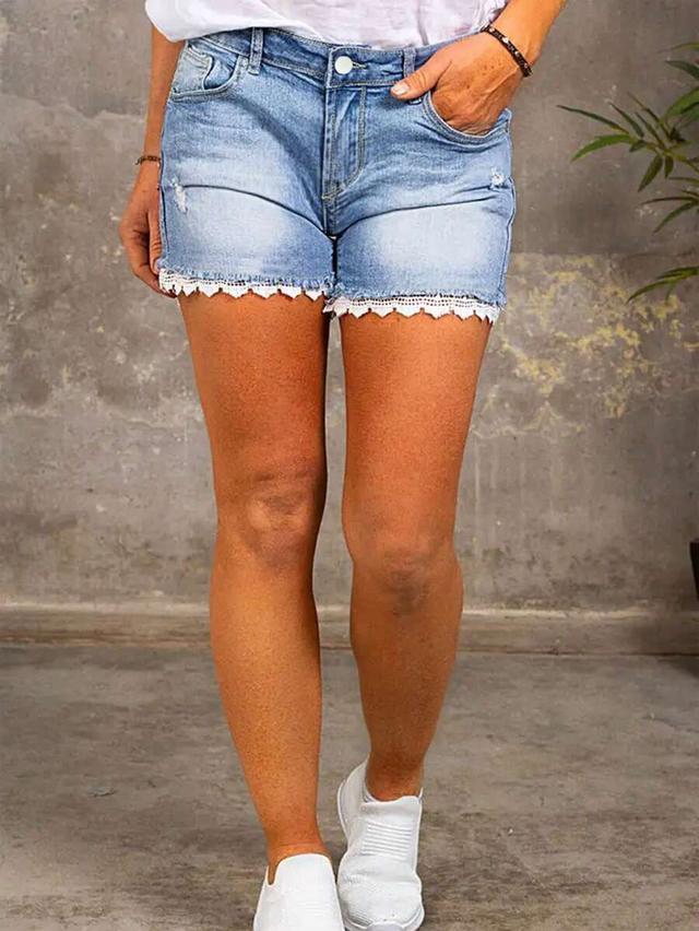 casual summer lace trim distressed denim shorts