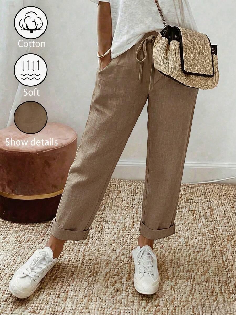 khaki cotton linen textured drawstring straight leg pants