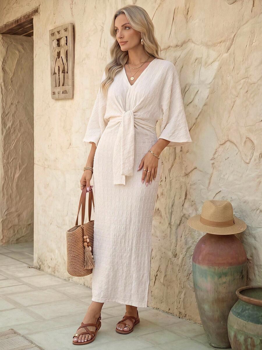 solid color v-neck tie front maxi dress