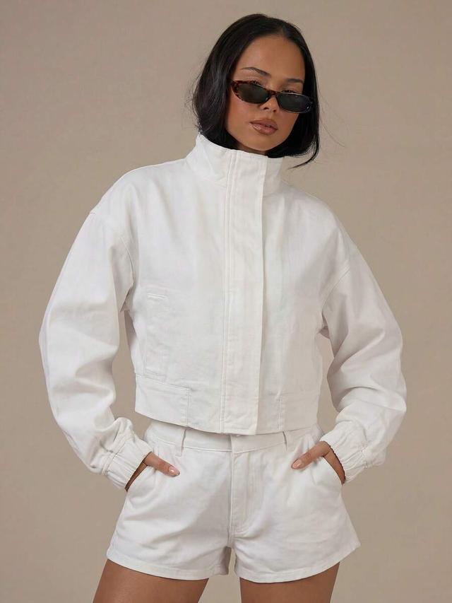 white cotton canvas cropped stand collar jacket