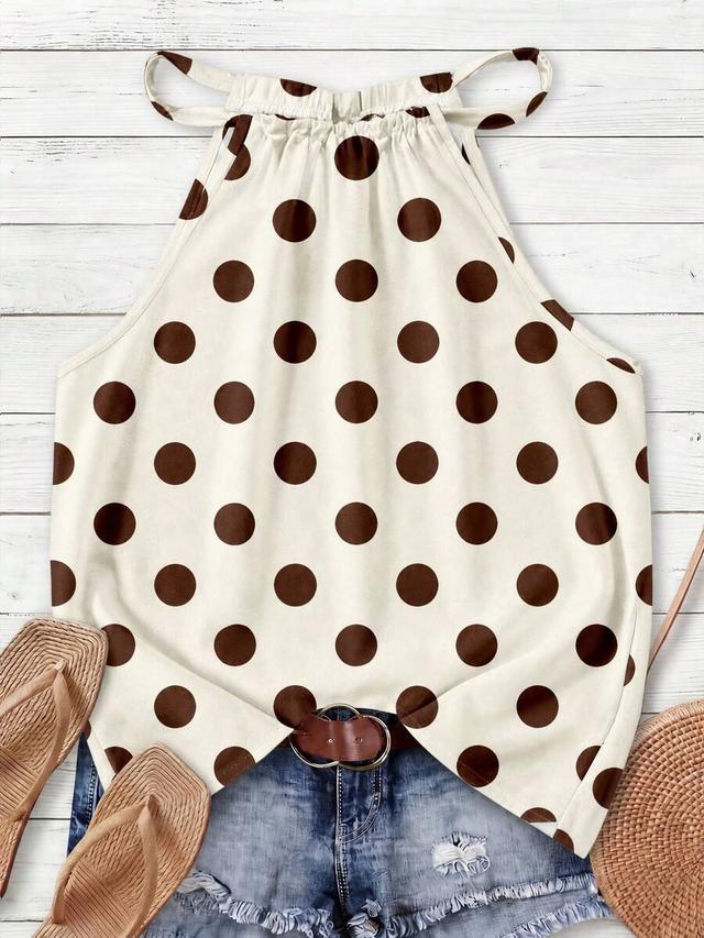 brown and white polka dot halter neck tank top