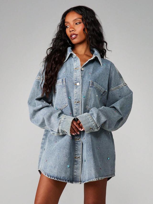oversized vintage washed denim shirt jacket with crystal details