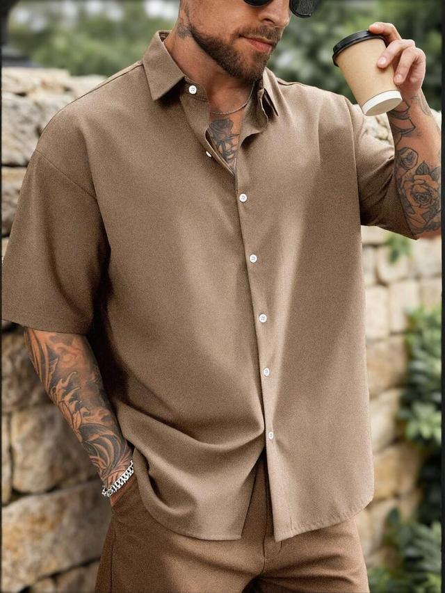 gloman men's brown textured cotton short sleeve shirt