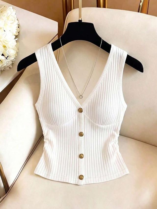 off-white v-neck button decorated ribbed knit vest