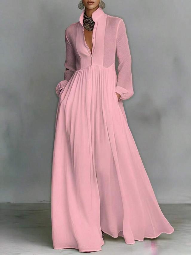 pink long sleeve button down maxi dress