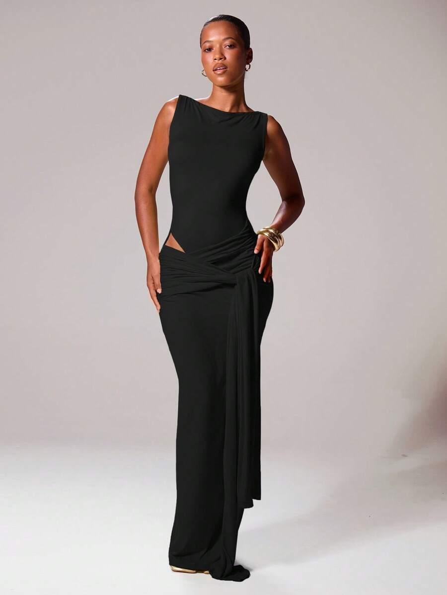musera slash neckline tie front drape fitted sleeveless maxi dress