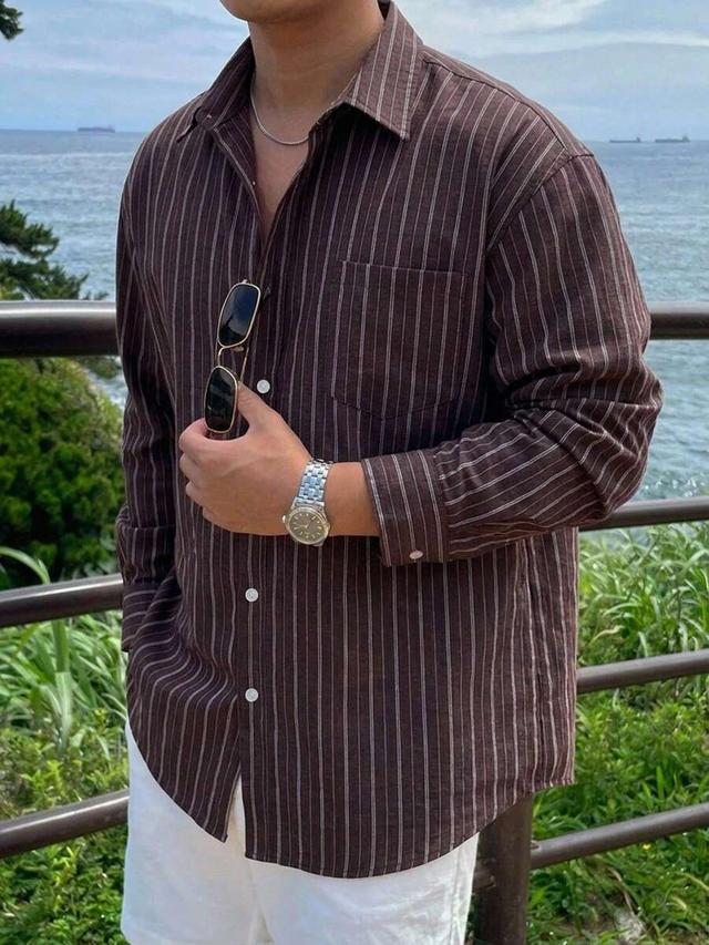 dazy striped brown long sleeve loose casual shirt