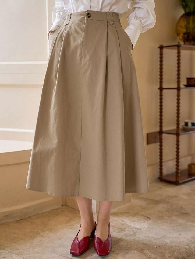 beige high waist pleated midi skirt