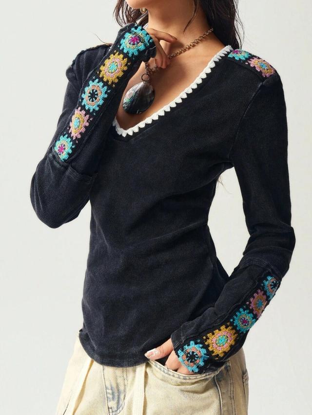 black washed cotton long sleeve crochet patchwork v-neck top