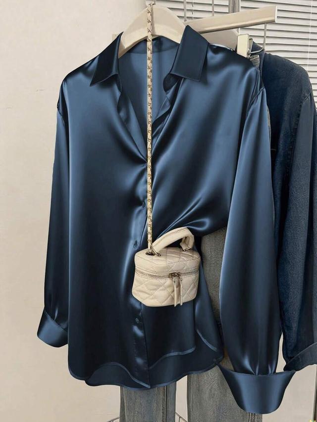 dark blue women's navy blue satin button-down shirt