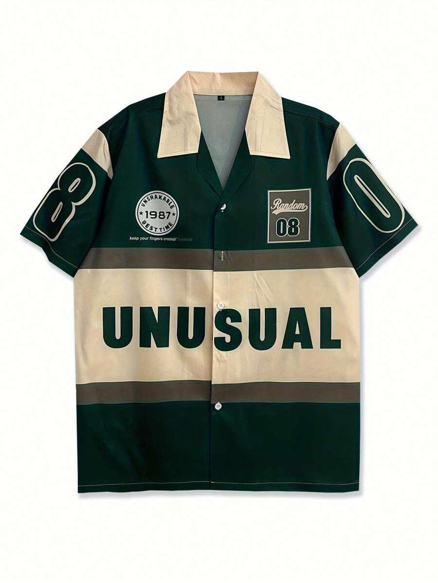 men's colorblock letter print short sleeve casual shirt