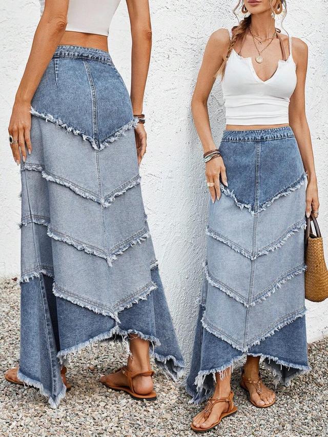 tiered denim midi skirt with raw edge detail