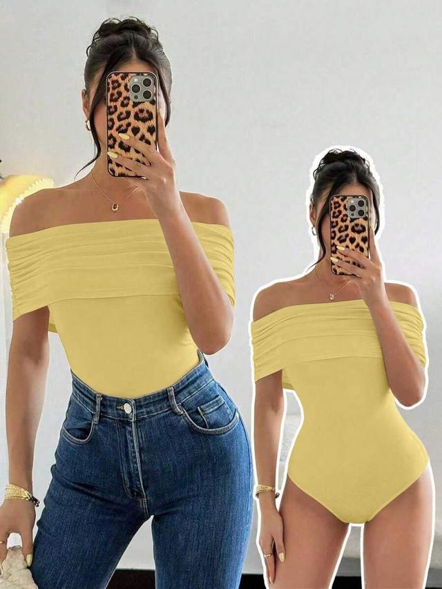 pale yellow off shoulder ruched hem slim bodysuit