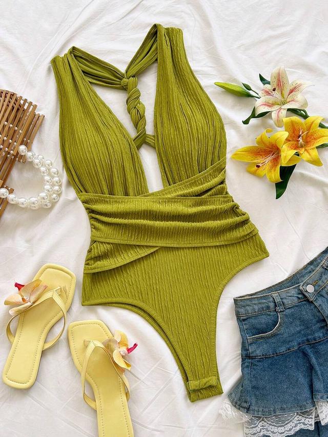 olive green twist knot halter deep v-neck bodysuit