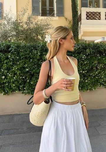 White Elastic Waist Midi Skirt