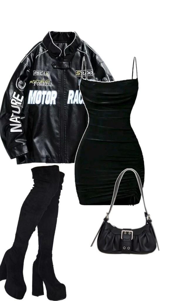 black faux leather motor racing jacket with white graphics